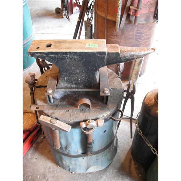 anvil with stand and tools - approx. 80lb anvil, marked  M&H Hole Sheffield . M&H Armitage mouse hol