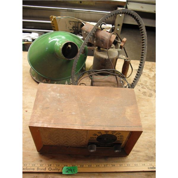 Keyston radio, blowtorch, 2 enamel light shades, model T coil, etc.