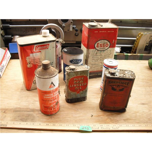 vintage oil cans - Allis-Chalmers, Esso,  Gold Eagle, Ford, etc. - coleman camp fluid almost full