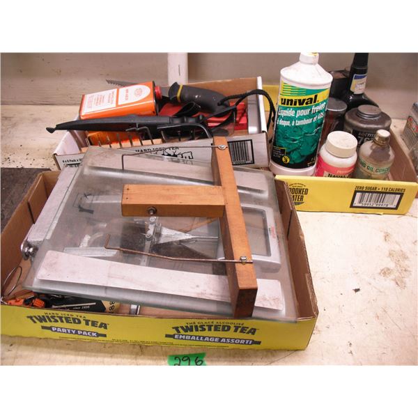 assorted lot - saw, filet knife, cutting oil, etc.