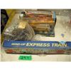 Image 1 : mecanno dozer, wind-up train, toy truck and digger in box