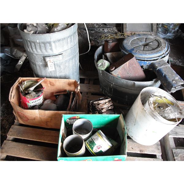 pallet of tins, block & tackle, garbage can, etc.