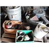 Image 1 : pallet of tins, block & tackle, garbage can, etc.