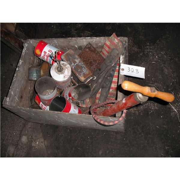 crate of tins, oiler, light, etc.