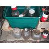 Image 2 : crate and tote with oil tins, bottles, etc.