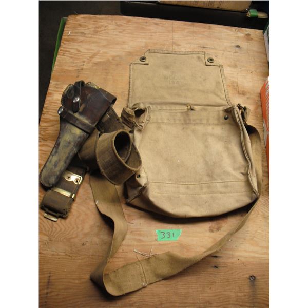 leather gun holster & vintage satchel marked  VII Woods 1941 