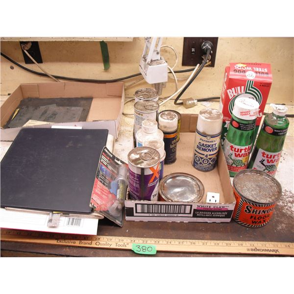 turtle wax, snowmobile oil, sand paper, etc.