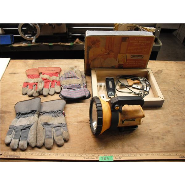 spotlight, barber kit and work gloves