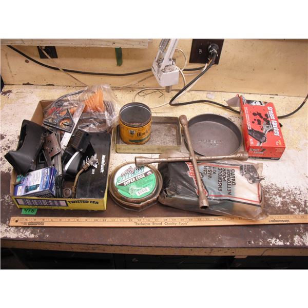 car wash kit, measurement tools, micrometer, weedwhacker wire, etc.