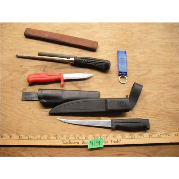 2 filet knives (1 is Mora Sweden) & knife sharpener