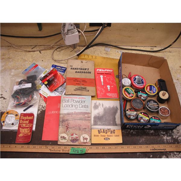 large lot of pellets, handyman and reloading books, etc.
