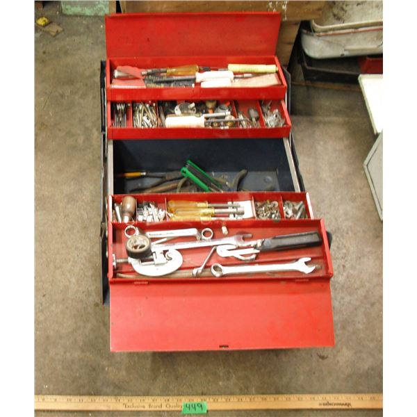 large tool box with assorted tools - wrenches, hammers, wire strippers, screws, etc.