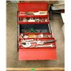 Image 1 : large tool box with assorted tools - wrenches, hammers, wire strippers, screws, etc.