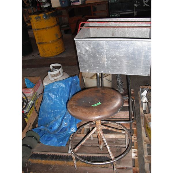 pallet lot - tarp, stool, broom, creeper, tiger torch, shotgun casings, etc.