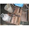 Image 5 : pallet lot - tarp, stool, broom, creeper, tiger torch, shotgun casings, etc.