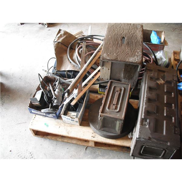pallet lot - ammo cases, large grinding wheel, air hoses, rotary tool, etc.