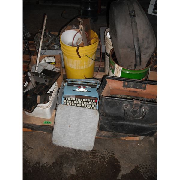 pallet lot - Webster typewriter, steel pieces, engine parts, Castrol oil pail, screws, etc.