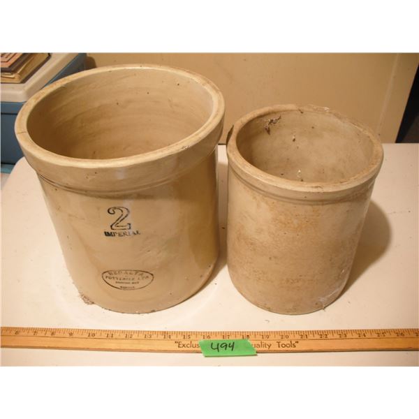 2x vintage crocks - 1 is a 2 gallon Medalta