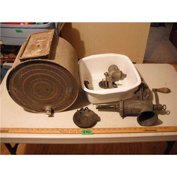 2 meat grinders, botter churn and tray