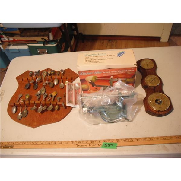 apple peeler, decorative spoons and thermometer