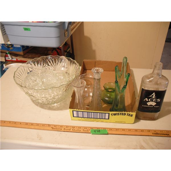 punch bowl set, vases & liquor bottle