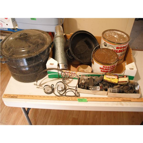 canning pot, tins, old fuses, etc.