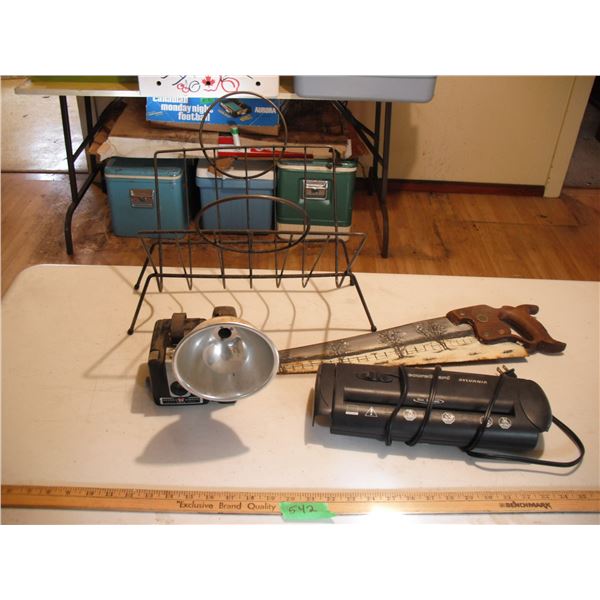 vintage camera, painted saw, etc.