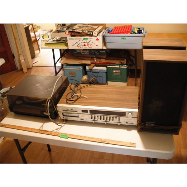record player, 8 track player and speakers