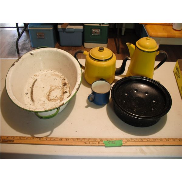enamelware teapots, roaster pan, mug