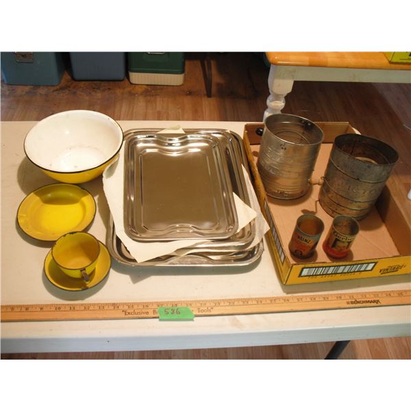 enamelware bowl, plate, teacup and saucer + trays and vintage sifters