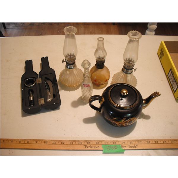 3 oil lamps, teapot (Gibsons England), mini Pepsi bottle & Boss wine bottle opener set