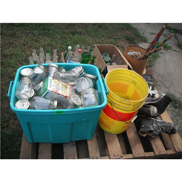 pallet of bottles, jars, skates, croquet set, etc.