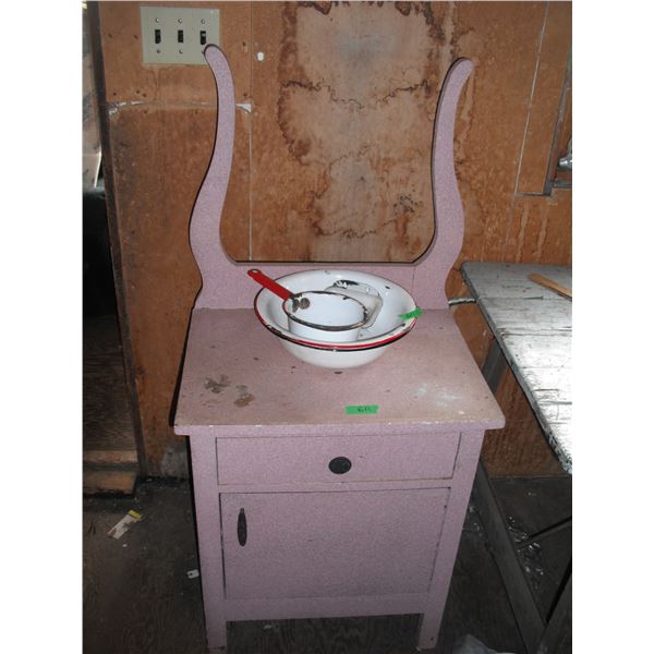 side table with mirror bow and enamelware
