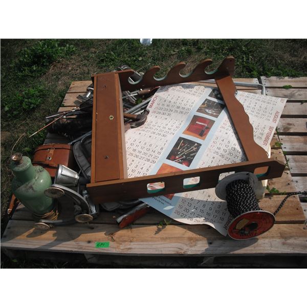 pallet with rack, snap-on calendar, ice skates, etc.