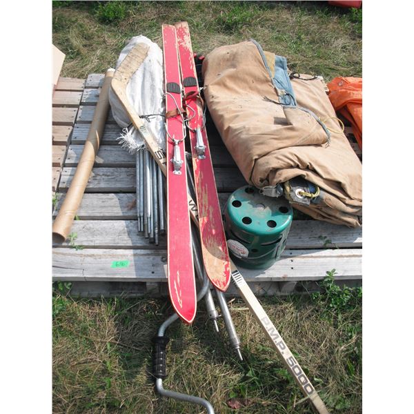 pallet lot - skis, canvas tarp/tent, heater, etc.