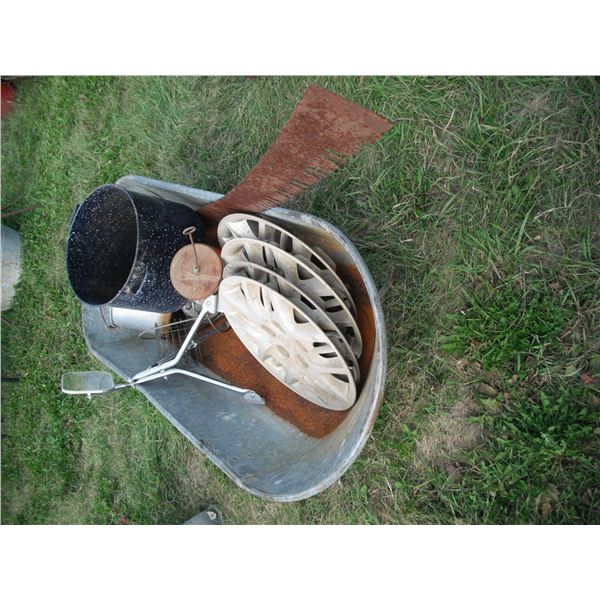 galvanized tub with crosscut saw, mirror, hedge trimmer, etc.
