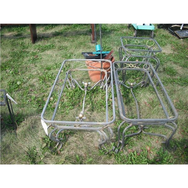 3 patio tables (no glass/top) w/ saws and garden items