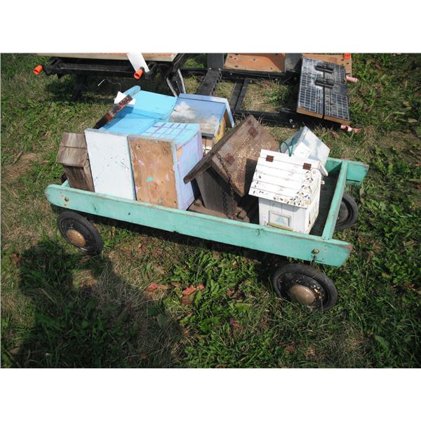 wooden wagon and birdhouses