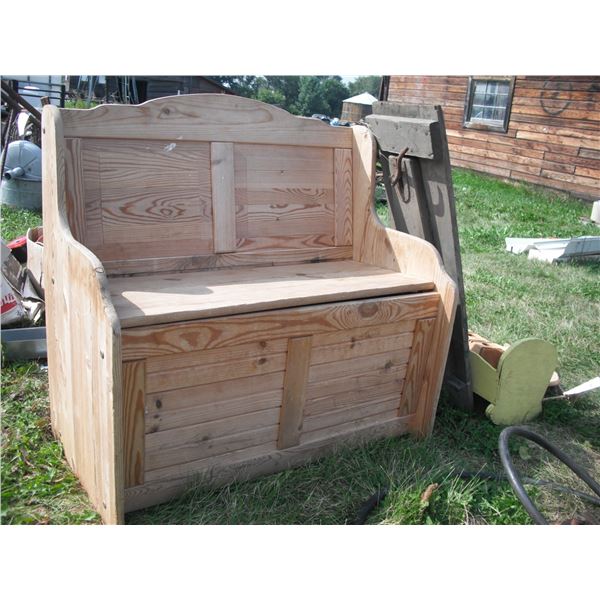 wooden storage bench with wooden décor items