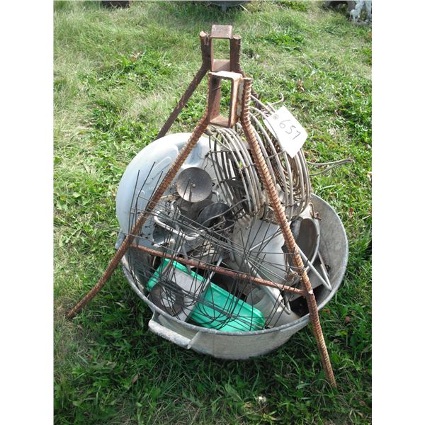 galvanized pail with décor items and rebar brackets