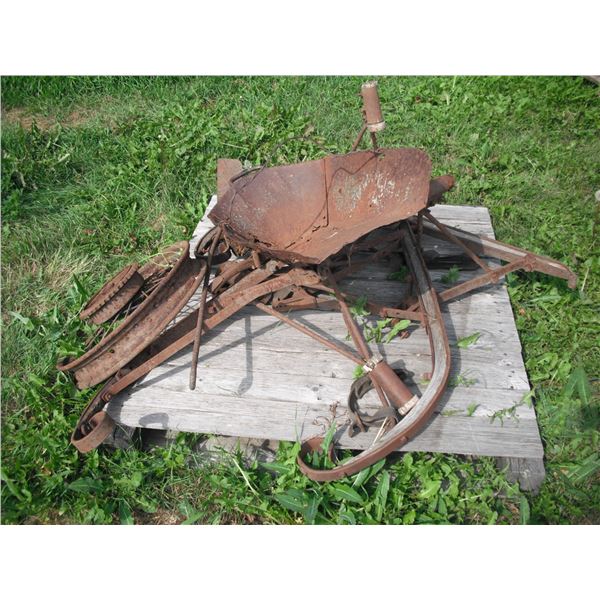 pallet lot - steel wheel, horse hanes, coal scoop, etc.
