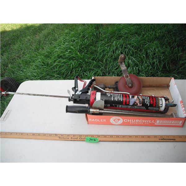 caulking gun, hand drill, torque wrench