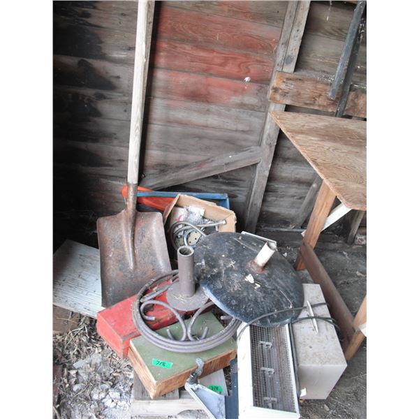 shovel, heater, assorted hardware, etc.