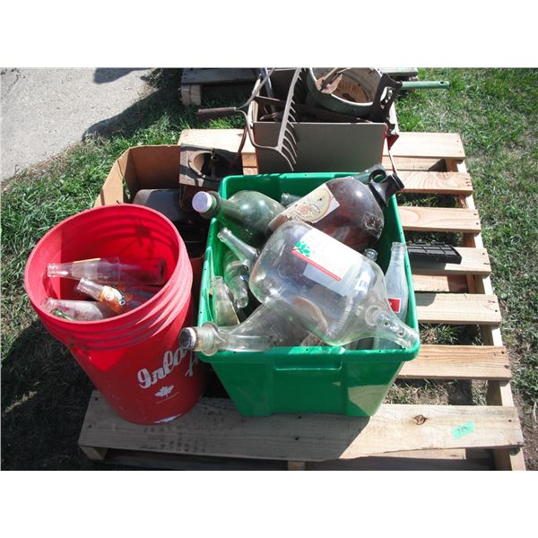 pallet lot - vintage bottles, horse bits, etc.