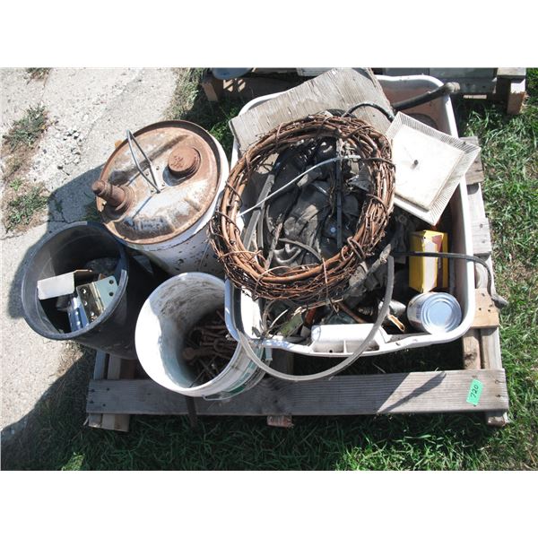 pallet lot - fuel can, hinges, seals, etc.