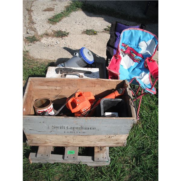 pallet lot - Swift Canadian Co. Crate, vintage wrench, camping chairs, etc.