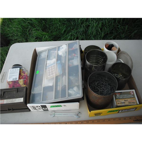 assorted nails, electric fittings, hardware, etc.