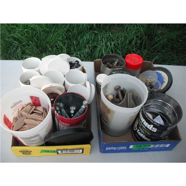 assorted screws, bolts, pins, joiner bisuits, etc.