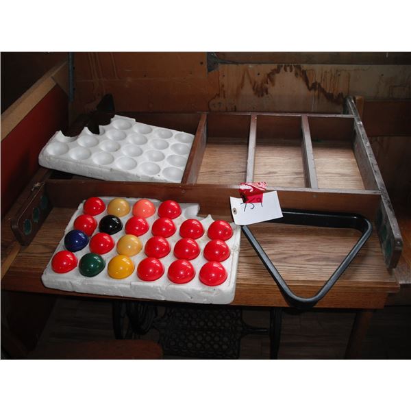 billiards balls and pool cue stand/shelf
