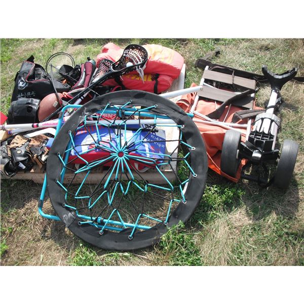 pallet lot - baseball gloves, golf caddy, sports equipment, etc.